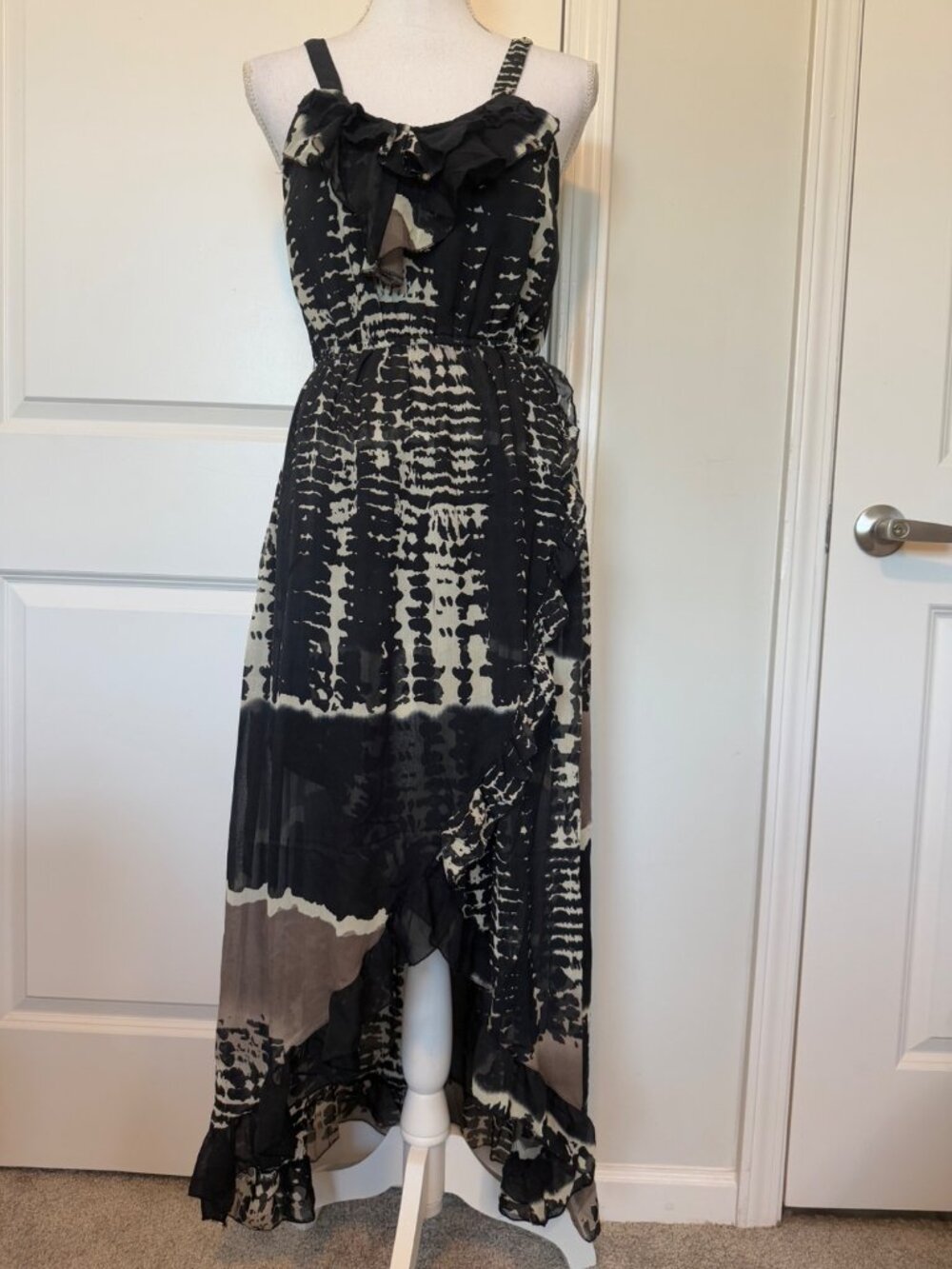 Vintage Sapogee High-Low Maxi Dress Sz M Sleeveless Black Beige Tie-Dye Ruffles